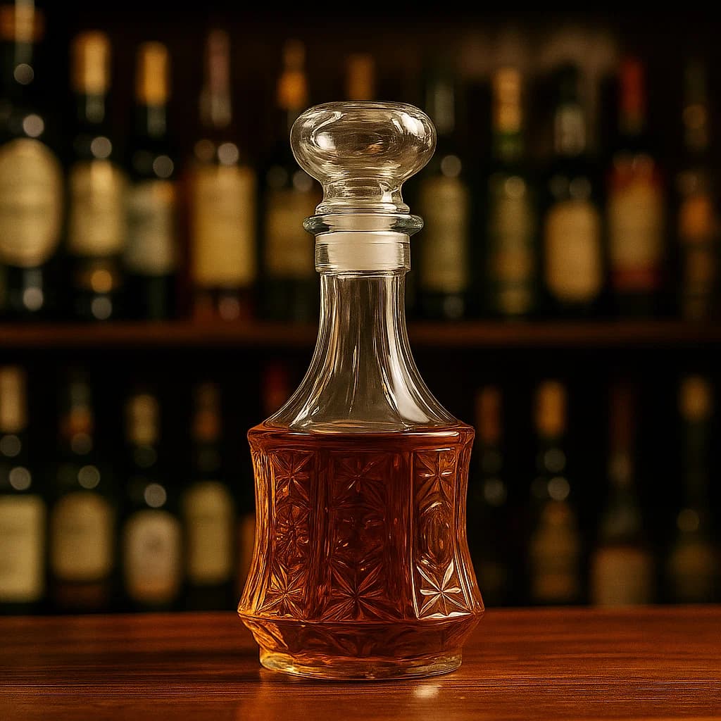 Whiskera de vidrio 920 ml con diseño tallado tipo Sol y tapa hermética