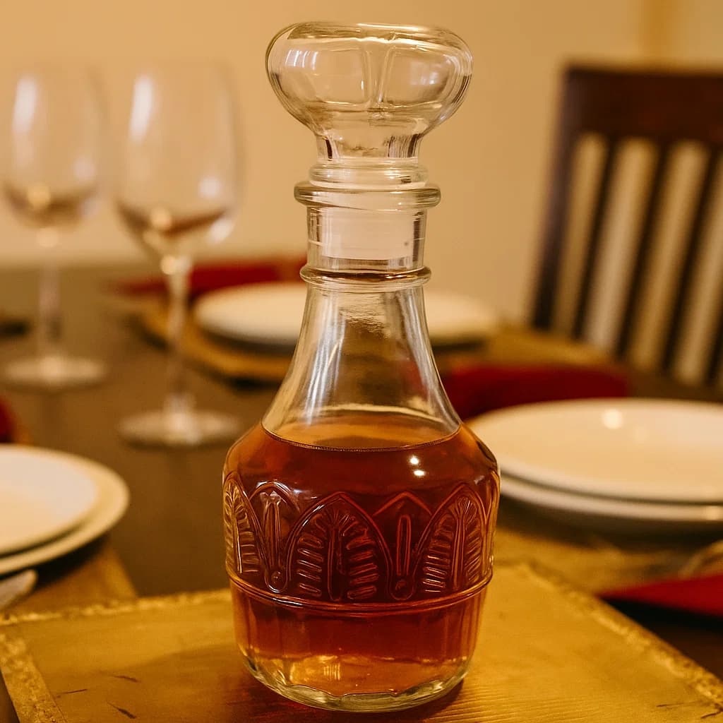 Whiskera en vidrio transparente con relieve de hojas y tapa hermética