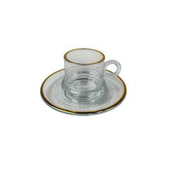 Taza de vidrio con plato y detalle dorado