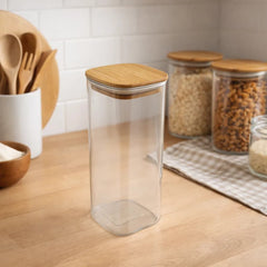 Recipiente de vidrio rectangular 420 ml con tapa de bambú transparente