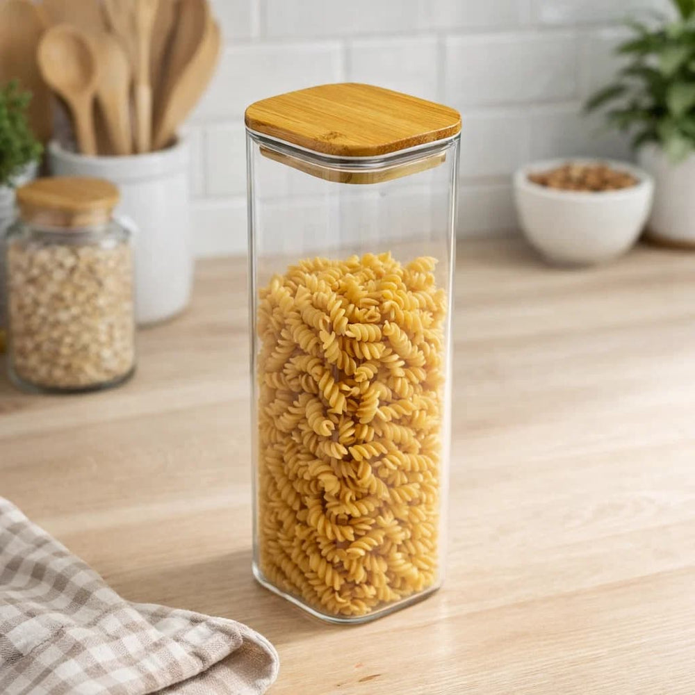 Recipiente de vidrio rectangular 560 ml con tapa de bambú transparente
