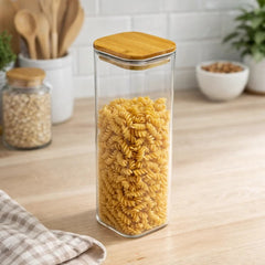 Recipiente de vidrio rectangular 560 ml con tapa de bambú transparente