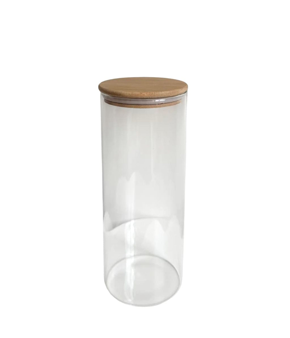 Recipiente circular alto de vidrio con tapa de bambú