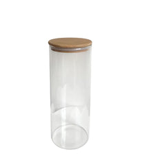 Recipiente circular alto de vidrio con tapa de bambú