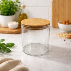 Recipiente de vidrio 670 ml con tapa de bambú diseño circular transparente