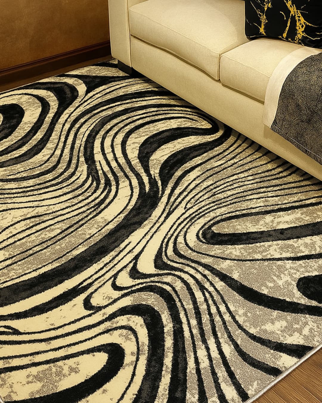 Alfombra rectangular 1.60 × 2.30 m negra y gris con diseño abstracto de ondas