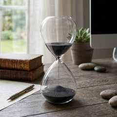 Reloj de arena decorativo de vidrio de 24 cm con arena negra