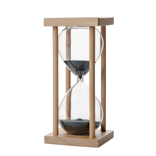 Reloj de arena decorativo con arena negra y base de madera