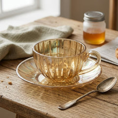 Set de pocillo y plato de vidrio naranja de 280 ml con líneas verticales en relieve