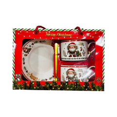 Set navideño de plato y pocillos con diseño de Papa Noel "Merry Christmas"