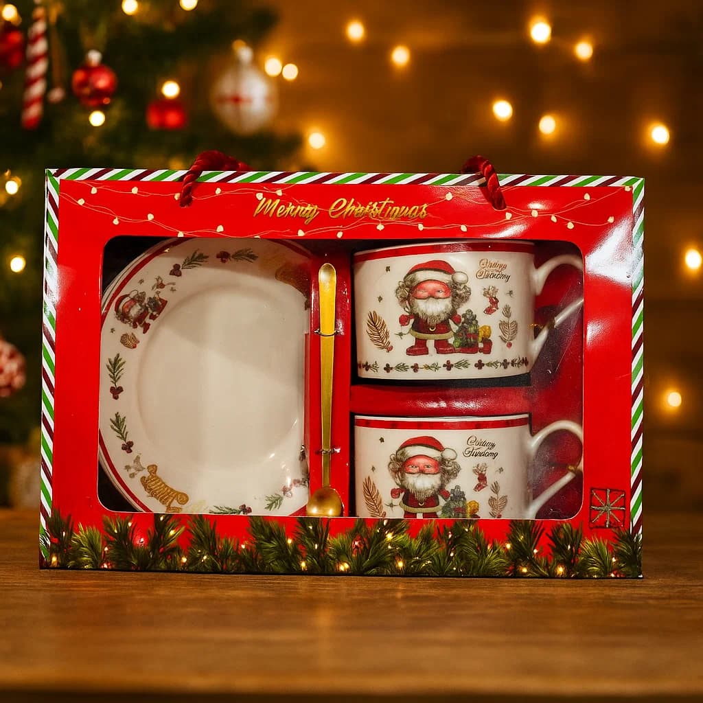 Set navideño de plato y pocillos con diseño de Papa Noel "Merry Christmas"