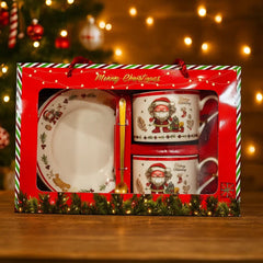 Set navideño de plato y pocillos con diseño de Papa Noel "Merry Christmas"