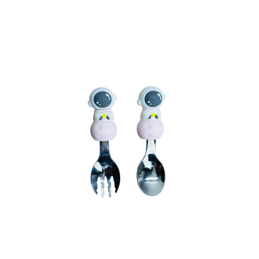 Set de cubiertos infantiles con diseño de astronauta 3D en acero inoxidable