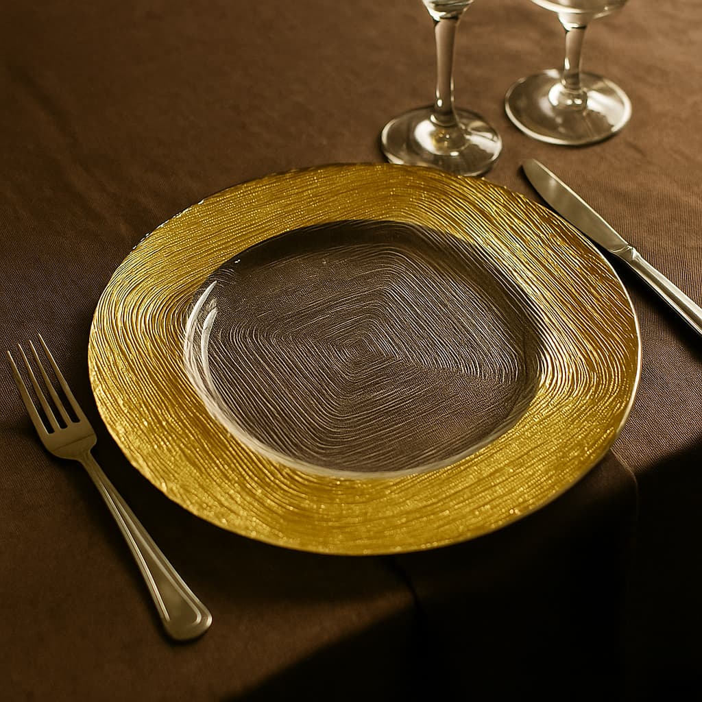 Plato decorativo cuadrado en cristal con borde dorado 33 cm