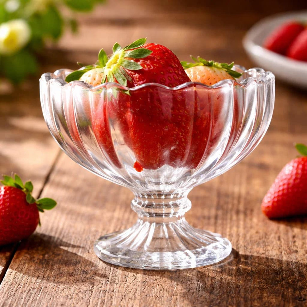 Copa de vidrio 215 ml para helado con diseño de líneas verticales y base pedestal