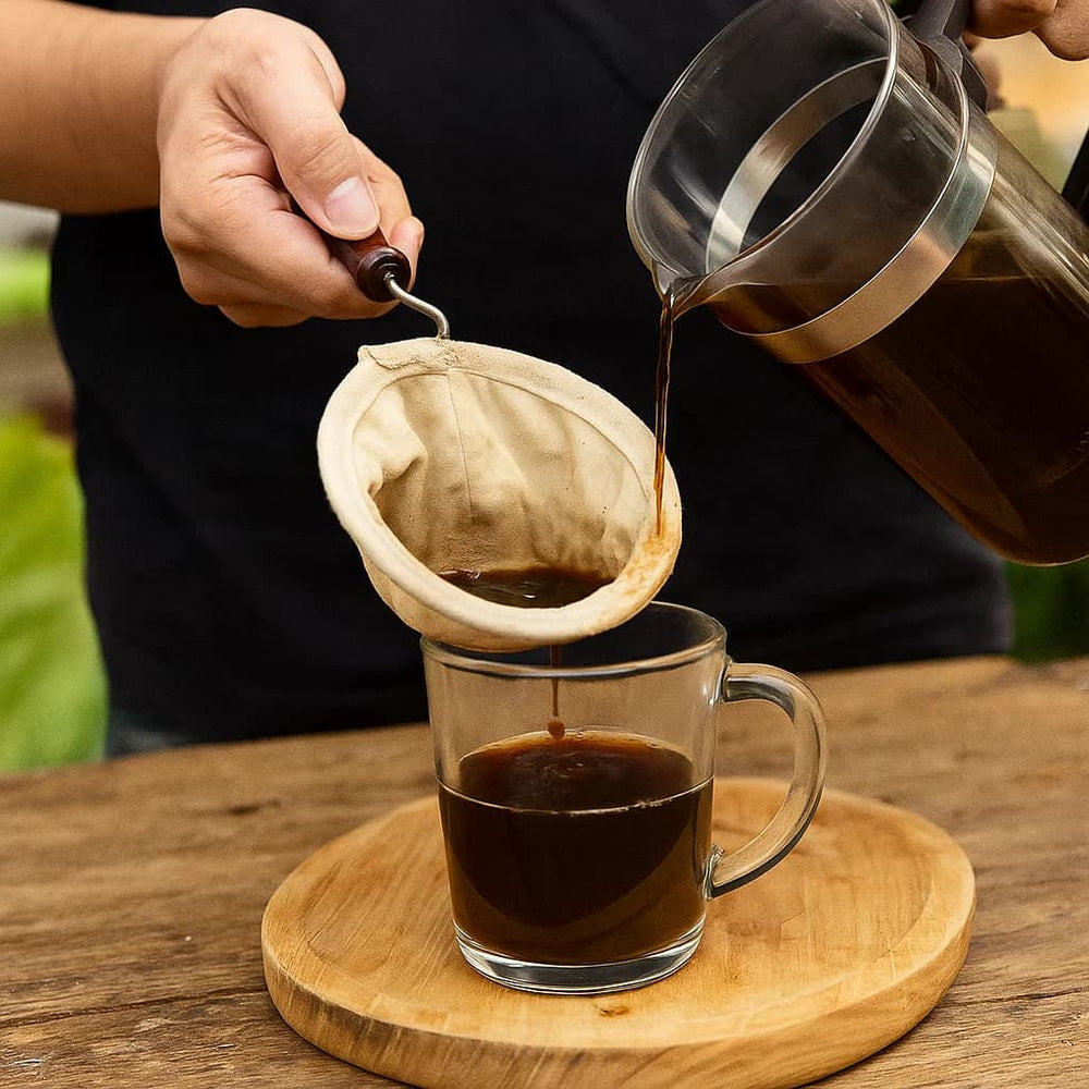 Colador En Tela Con Mango En Madera