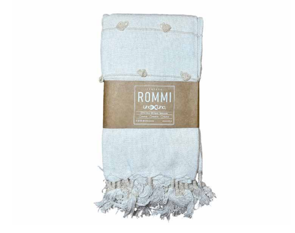 Frazada Rommi 1.25×150 cm con flecos decorativos en colores rosa-crudo, menta-crudo y beige-crudo