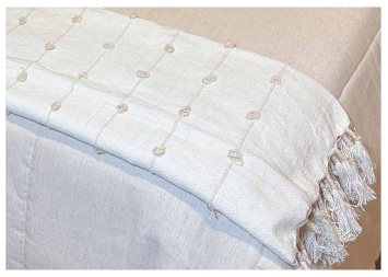 Frazada Rommi 1.25×150 cm con flecos decorativos en colores rosa-crudo, menta-crudo y beige-crudo