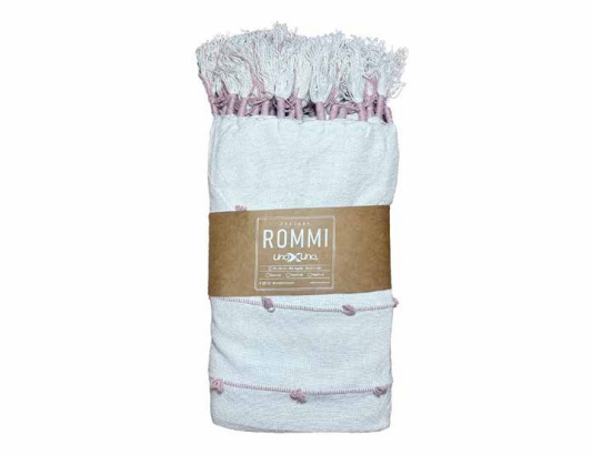 Frazada Rommi 1.25×150 cm con flecos decorativos en colores rosa-crudo, menta-crudo y beige-crudo