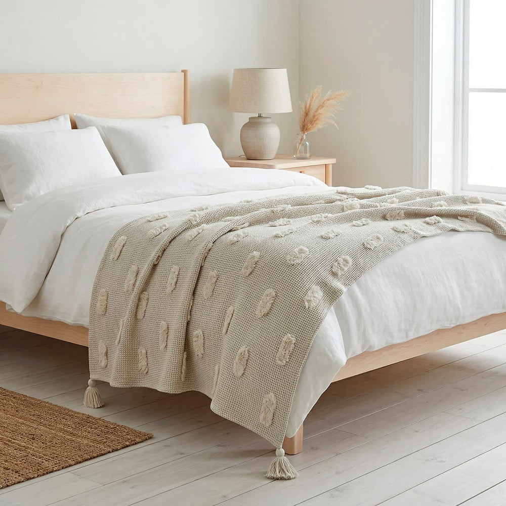 Frazada decorativa taupe con borlas 125×150 cm
