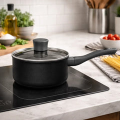 Cacerola 16 cm con tapa de vidrio y mango gris en aluminio forjado