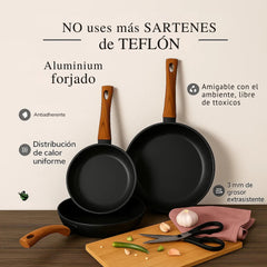 Set de 3 sartenes de aluminio forjado con mango efecto madera