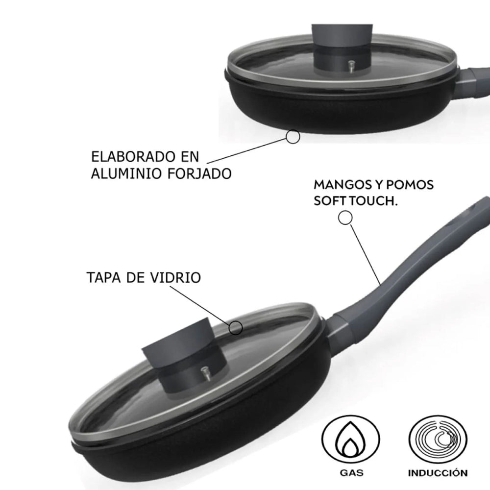 Mango ergonómico gris de sartén antiadherente