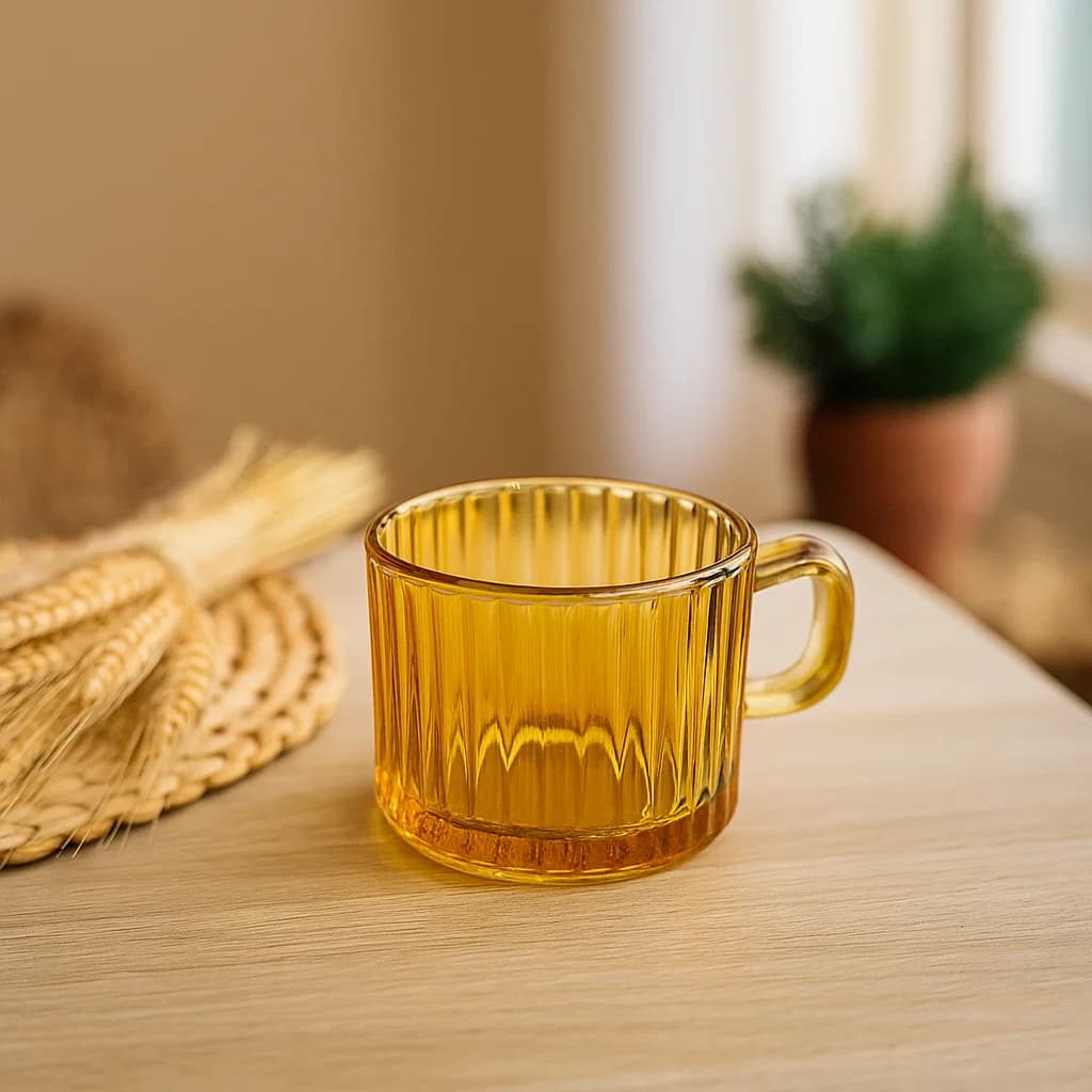 Pocillo de vidrio 110 ml con diseño de líneas verticales naranja