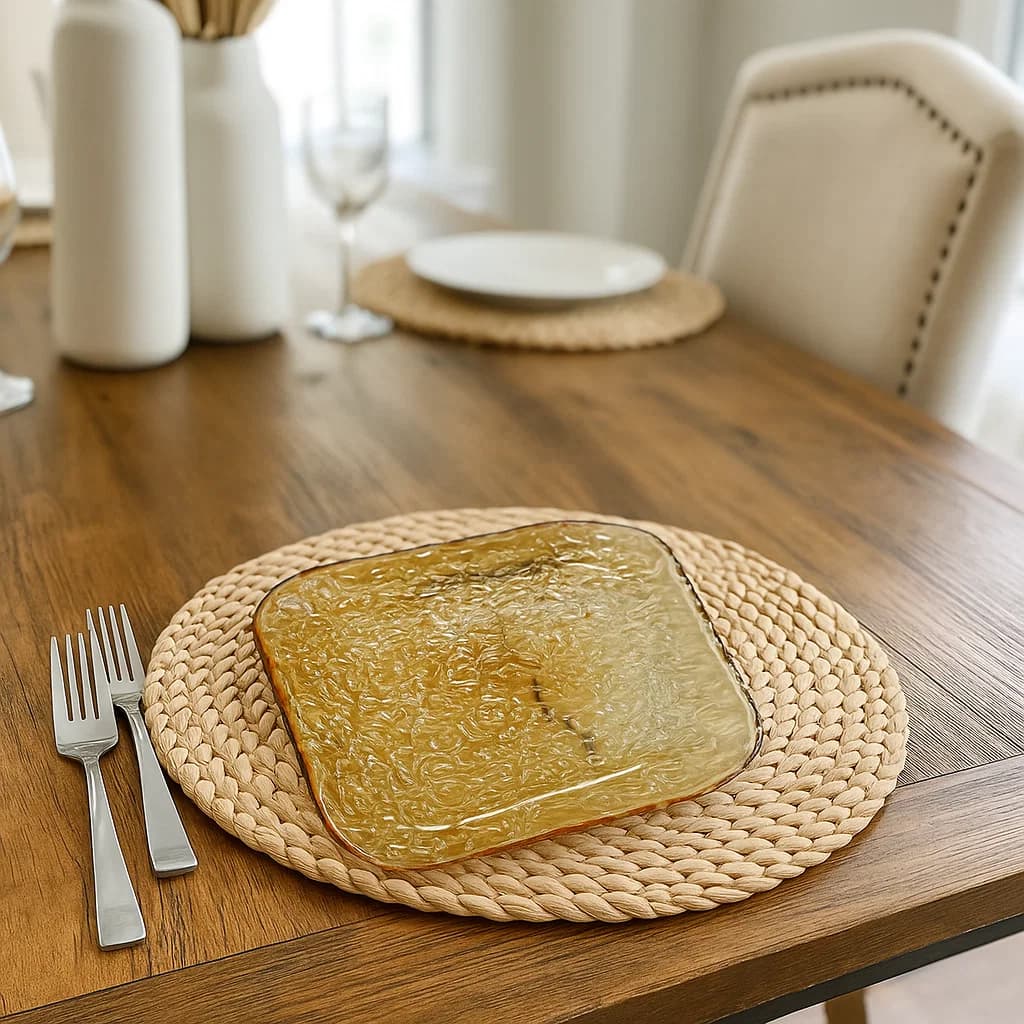 Plato postrero de vidrio 15 cm con textura de trazos ámbar