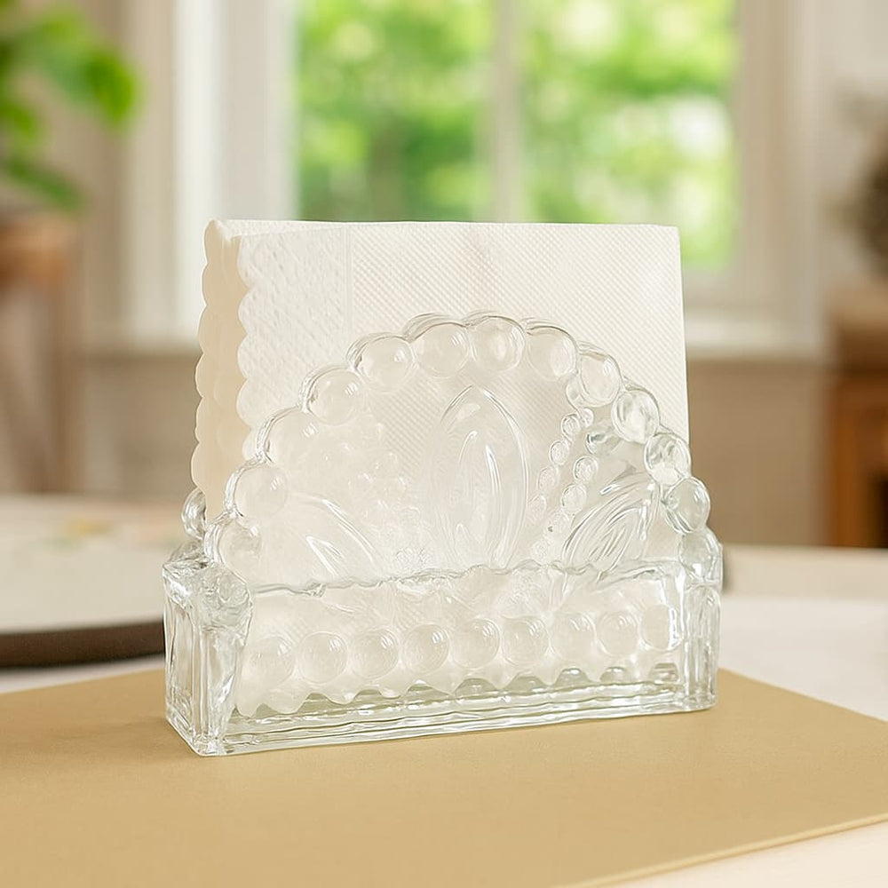 Detalle en relieve de hojas en servilletero de vidrio – Lala Home