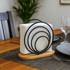 Servilletero circular negro de hierro diseño espiral 16 cm base de madera