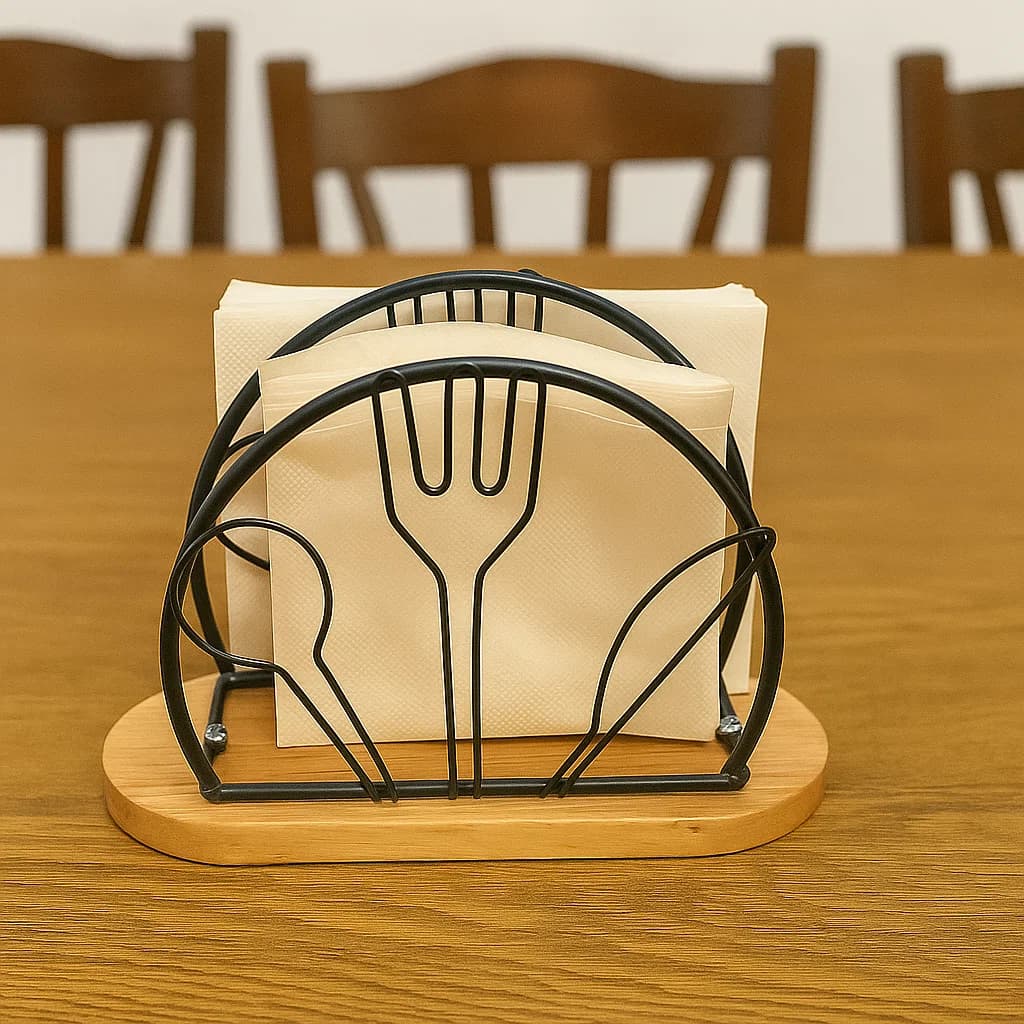 Servilletero decorativo negro con diseño de cocina y base resistente