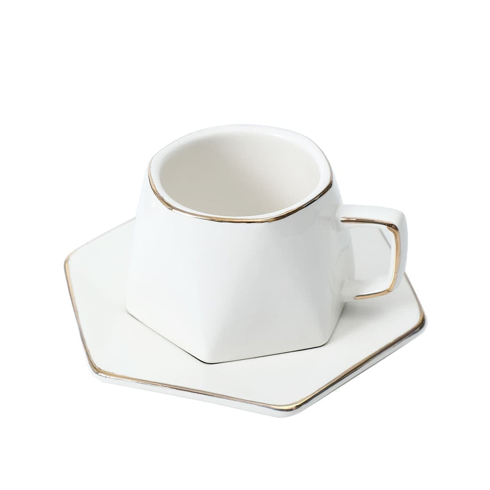 Taza blanca con plato hexagonal borde dorado
