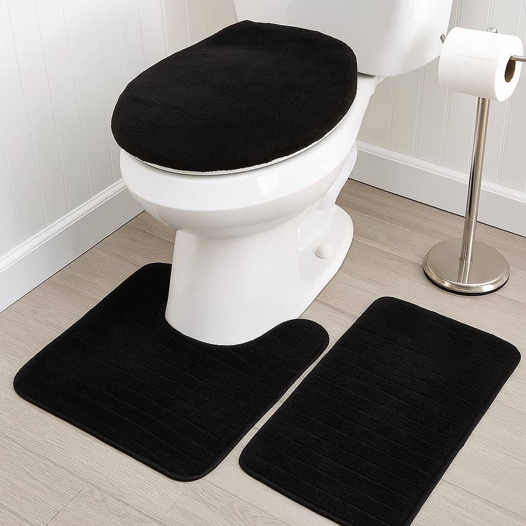 Juego de baño Baru 3 piezas en beige: alfombra rectangular, contorno y tapa de inodoro, base antideslizante.