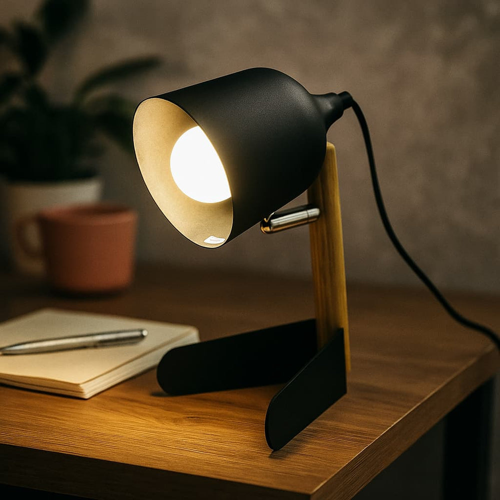 Lámpara negra de escritorio de 23 cm con base de madera y diseño industrial.