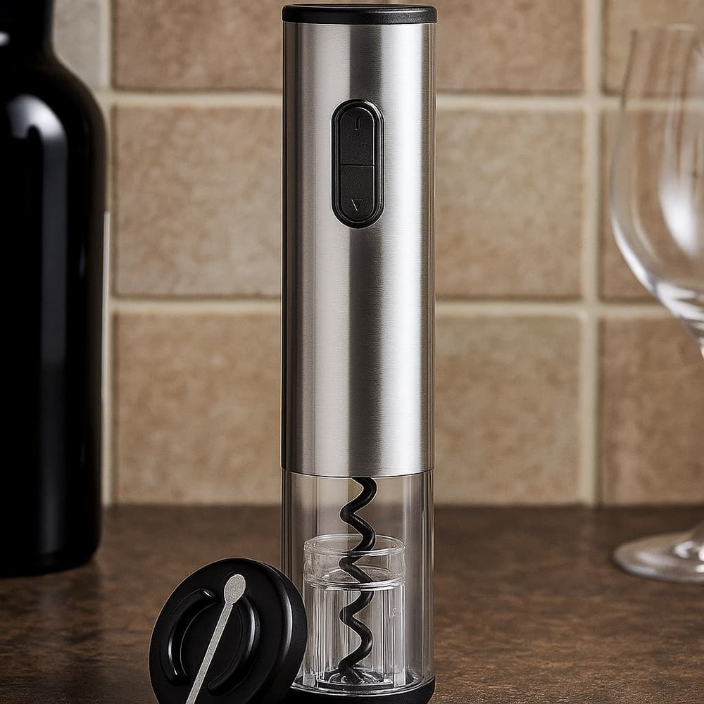 Saca corchos automático en acero inoxidable, base transparente y botones de control.