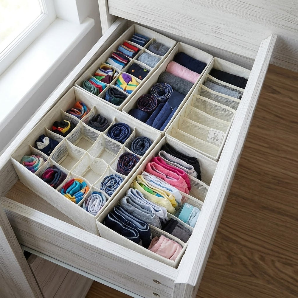 Combo de cuatro organizadores de ropa beige con 6, 7, 8 y 16 compartimientos