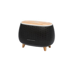 Humidificador 400ml con luces LED y control remoto, diseño moderno en blanco y negro con tapa en imitación madera.