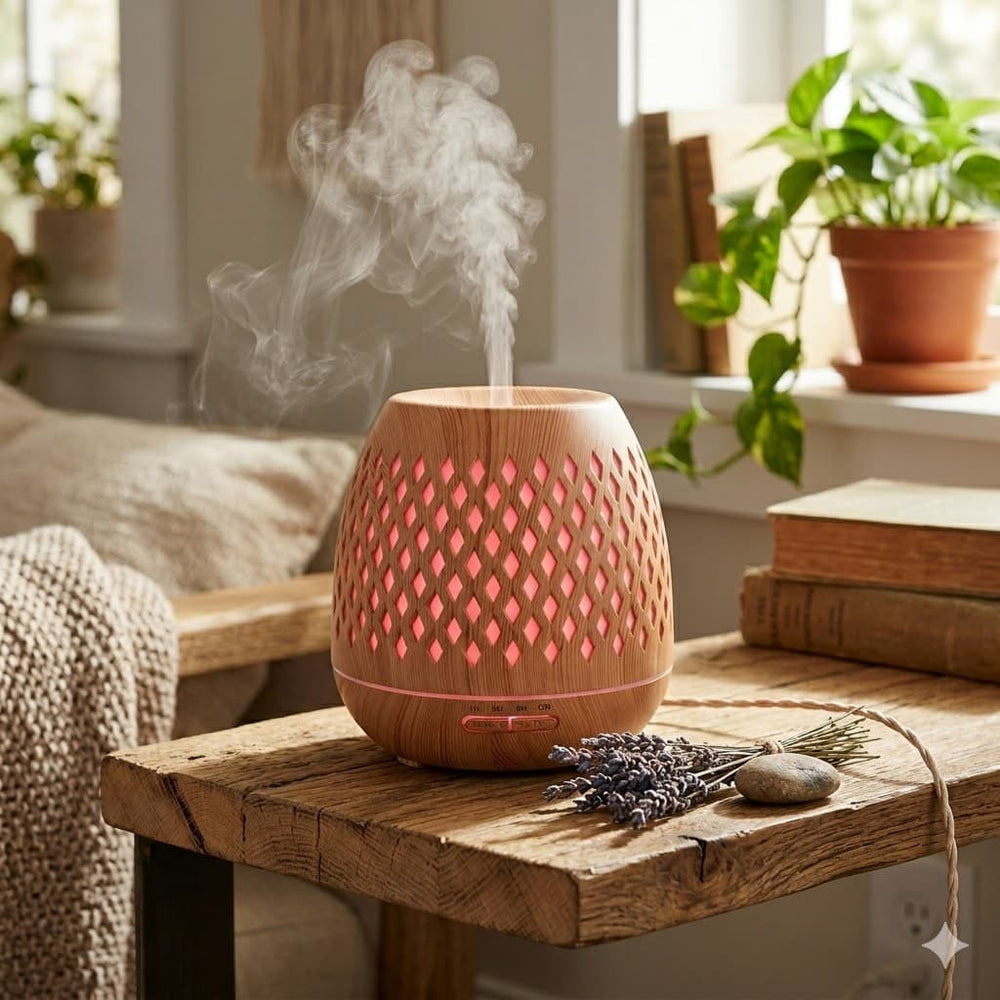 Humidificador diseño rombos 500 ml color marrón con control remoto y acabado tipo madera
