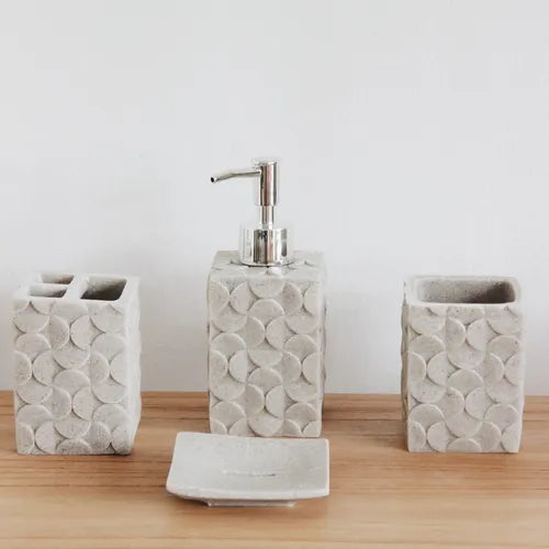 Set baño 4 piezas textura círculos relieves gris