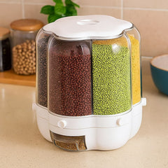 Dispensador giratorio blanco con 6 compartimentos para granos y cereales de Lala Home