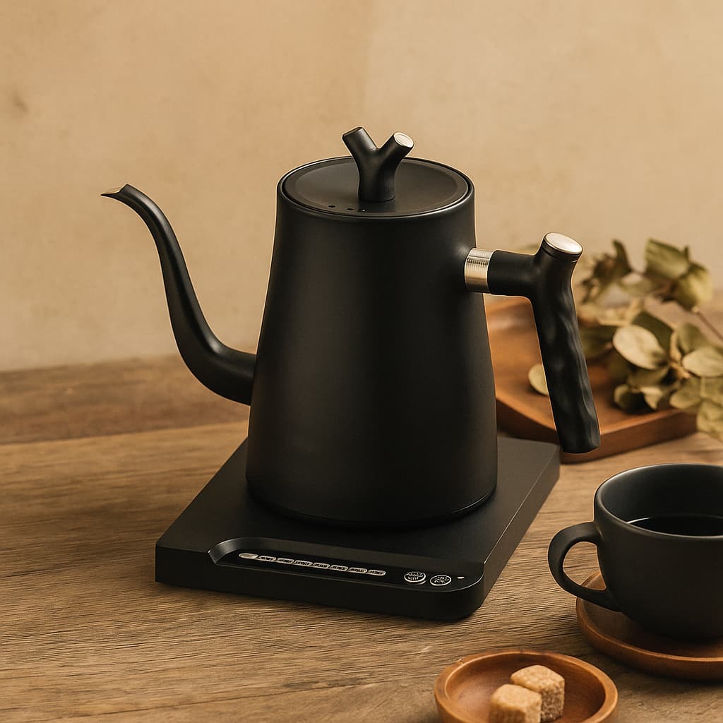 Tetera eléctrica 1 L negra con pico cuello de cisne y base de calentamiento táctil.