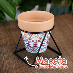 Maceta Terracota Con Estampado Tribal Con Soporte Metálico