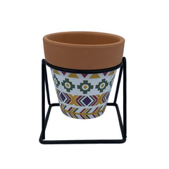 Maceta Terracota Con Estampado Tribal Con Soporte Metálico