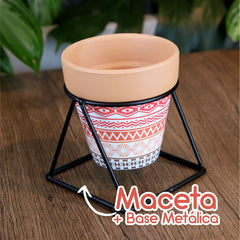 Maceta Terracota Con Estampado Tribal Con Soporte Metálico