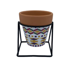 Maceta Terracota Con Estampado Tribal Con Soporte Metálico