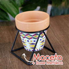 Maceta Terracota Con Estampado Tribal Con Soporte Metálico