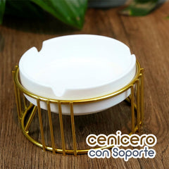 Cenicero En Cerámica Soporte Metálico Dorado