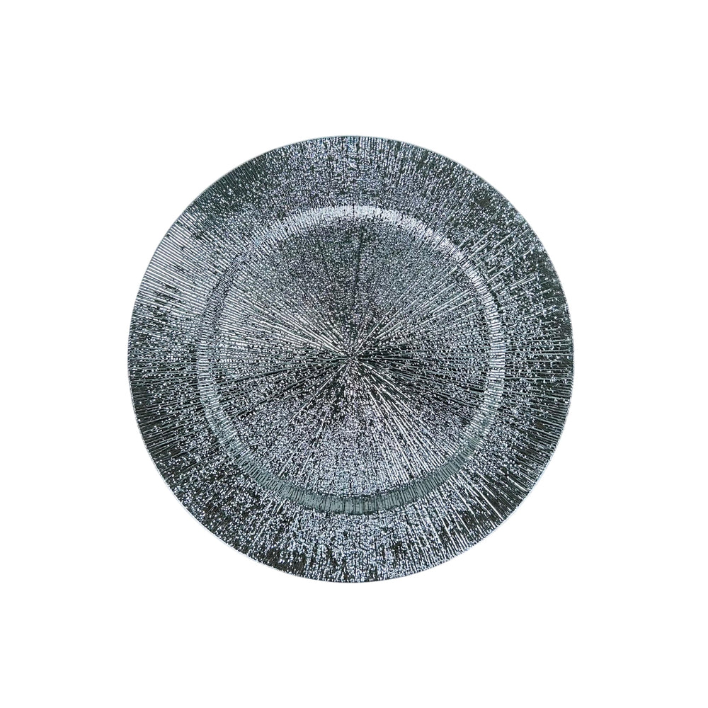 Plato base plateado 33 cm con diseño destello