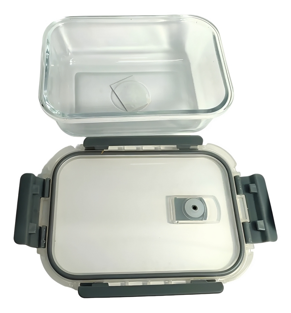 Vista superior de recipiente de vidrio con tapa transparente